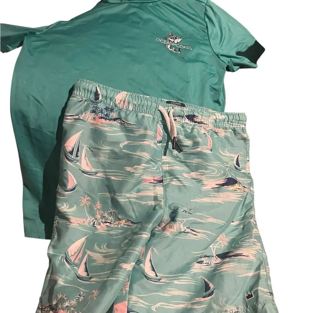 Crown and Ivy Coast Teal Shirt and Sailboat Shorts Swim trunks and rash  medium